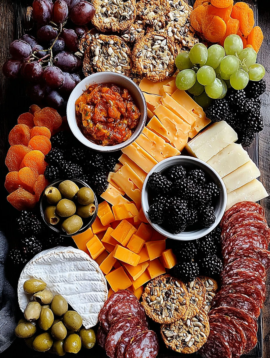 A Halloween charcuterie board with cheese, olives, grapes, and crackers.