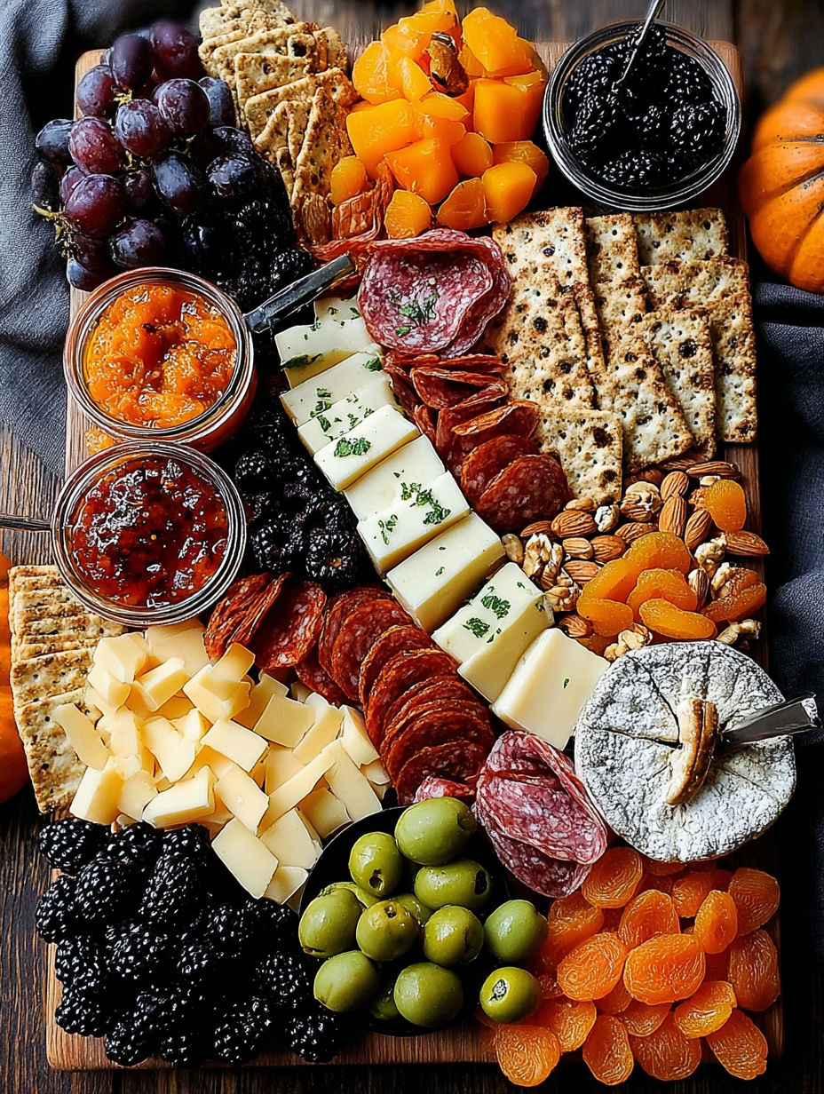 A Halloween charcuterie board with various foods.