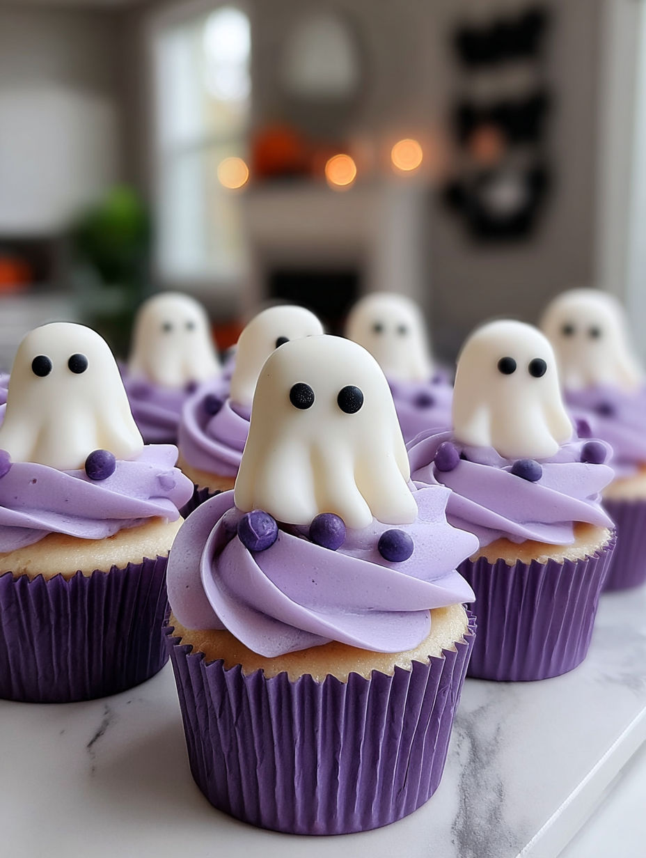 A cupcake with a purple frosting and a ghost decoration.