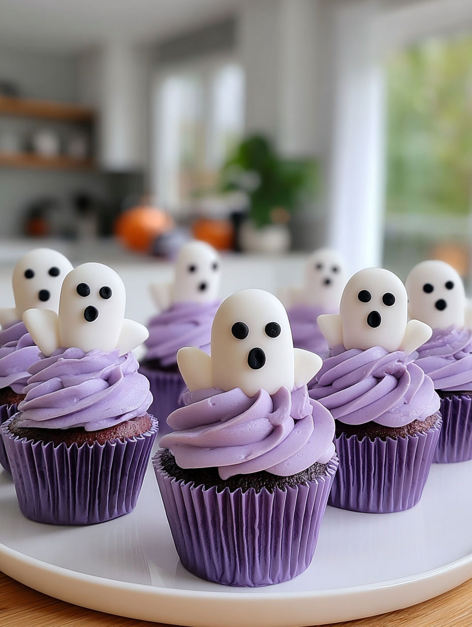 A table with purple cupcakes and ghost decorations.
