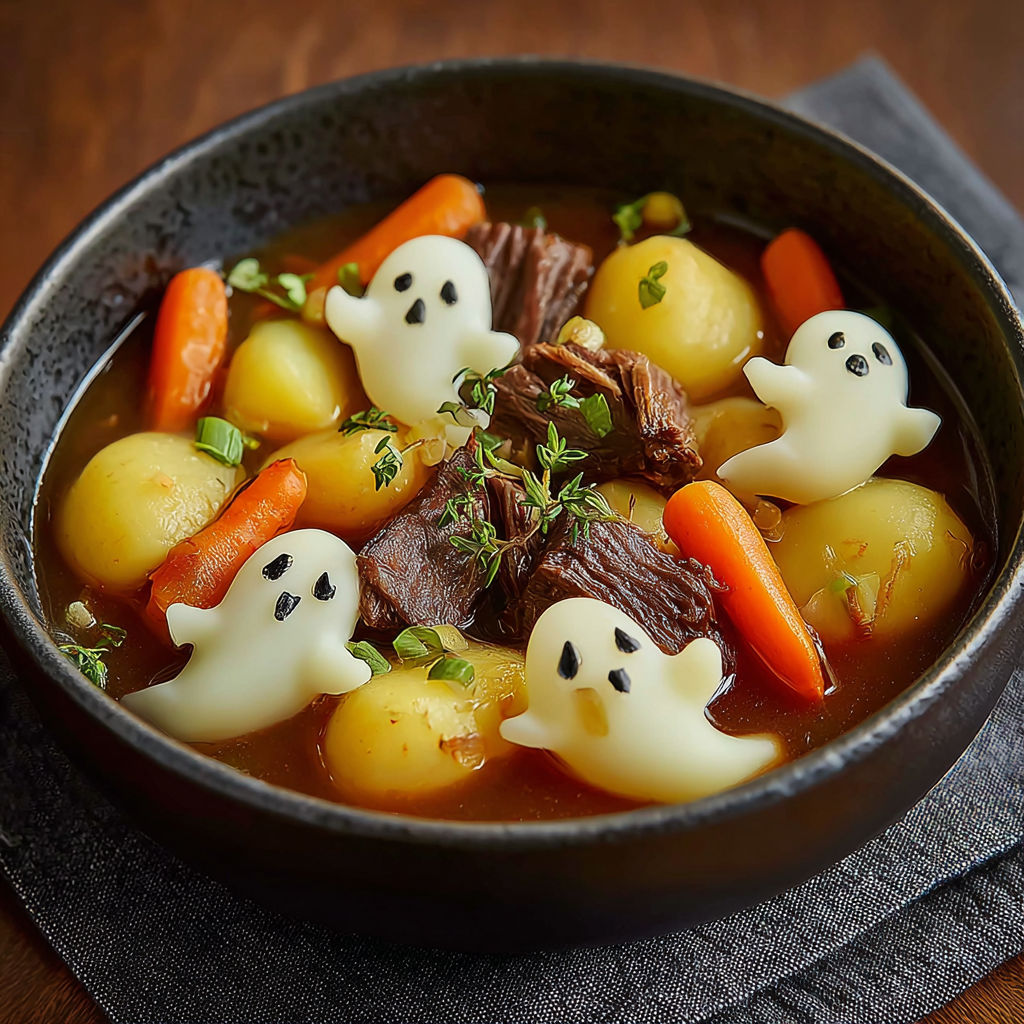 A bowl of stew with ghost shaped potatoes.