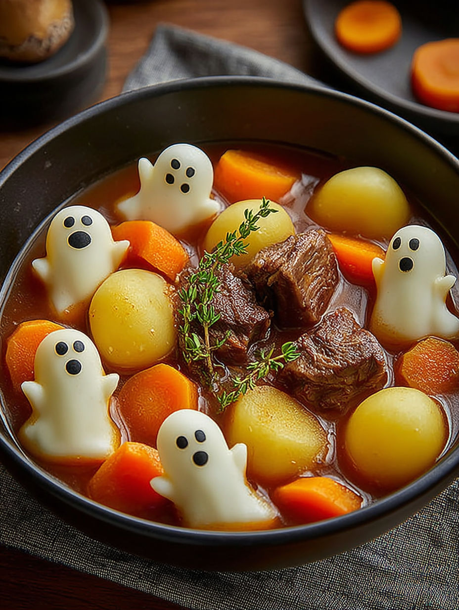 A bowl of stew with meat and potatoes and ghost decorations.