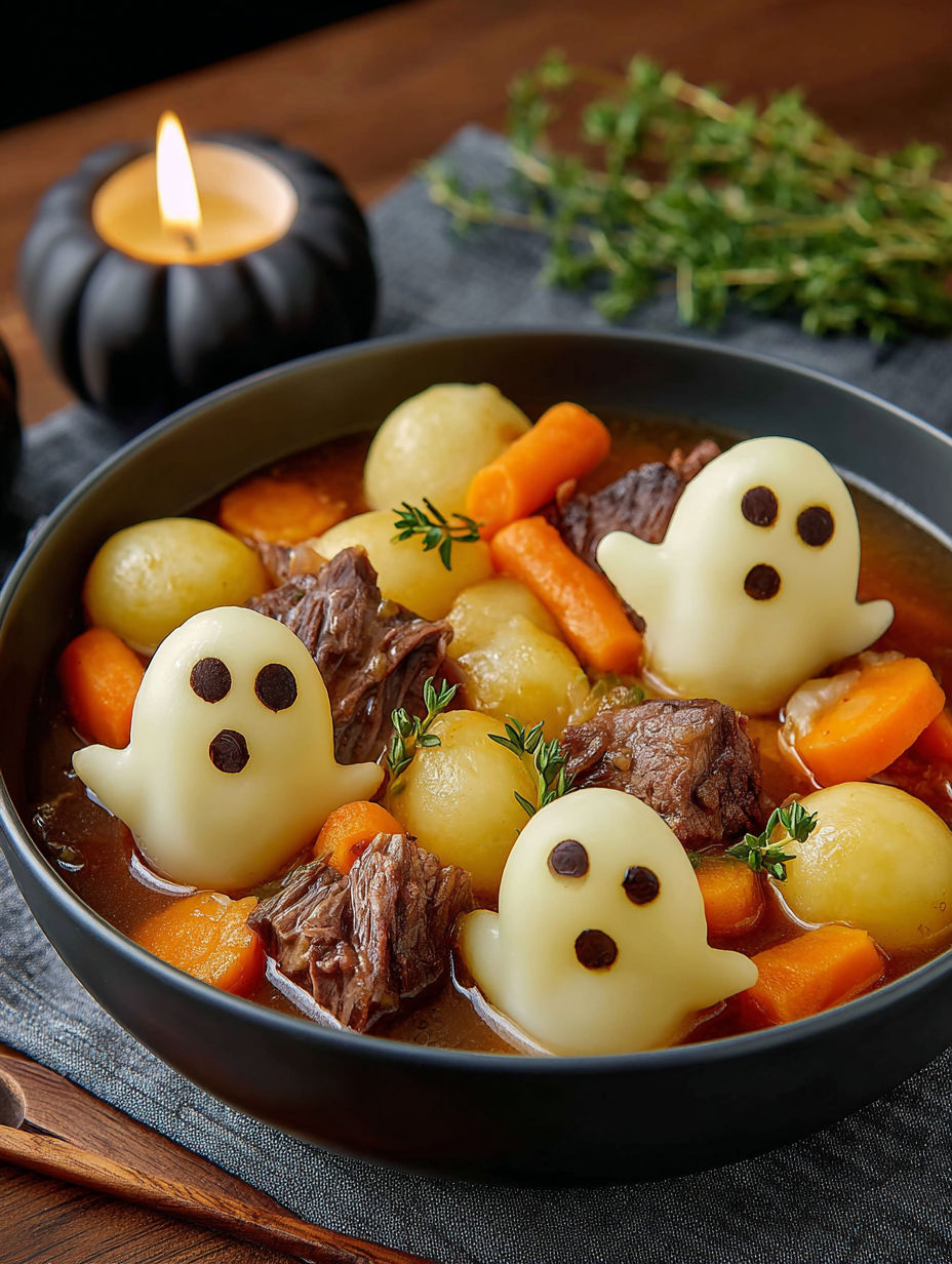 A bowl of food with ghost shaped potatoes and meat.