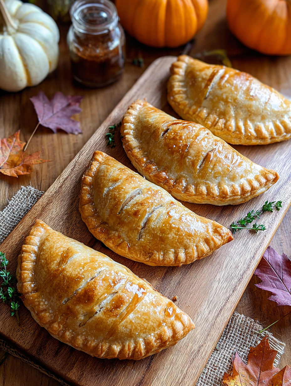 Three pastries on a wooden board.