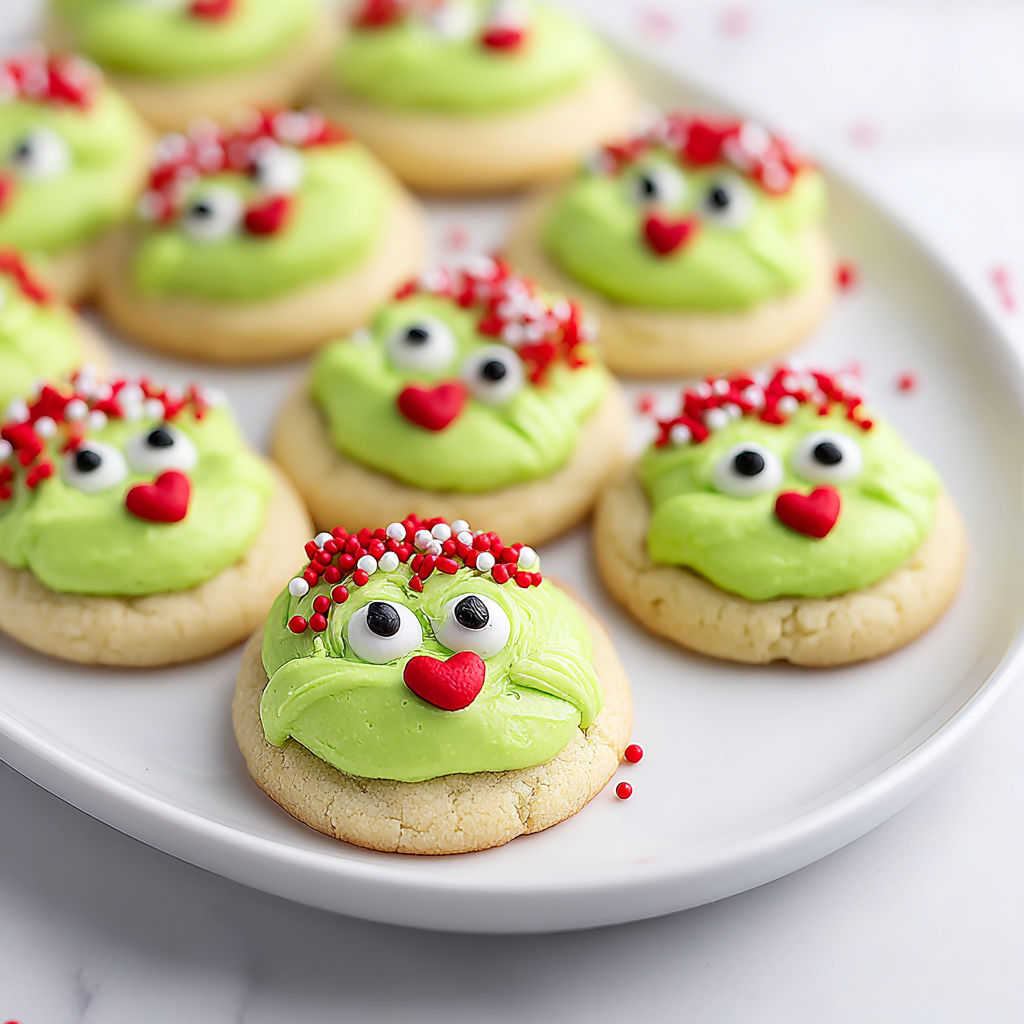 A plate of green thumbprint cookies with red hearts on them.