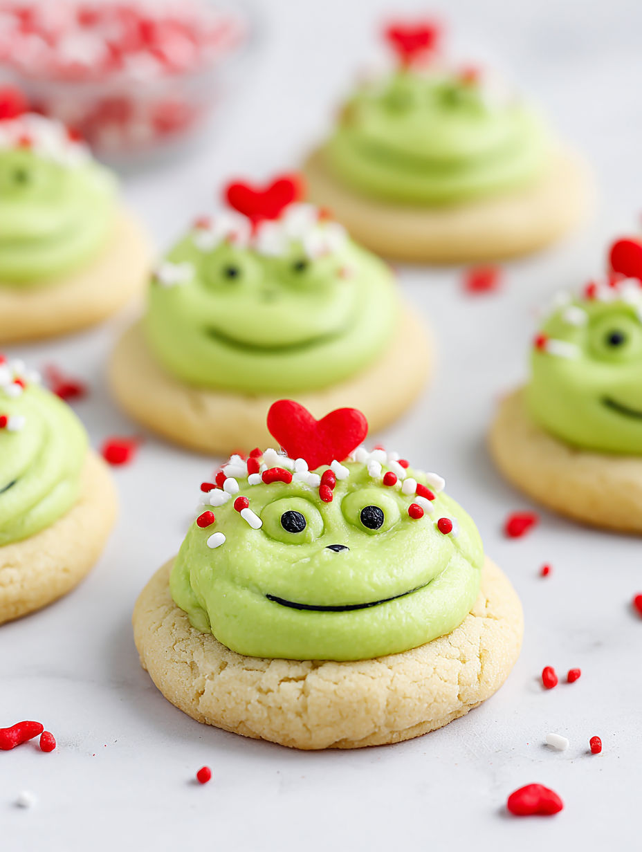 Grinch thumbprint cookies with hearts.