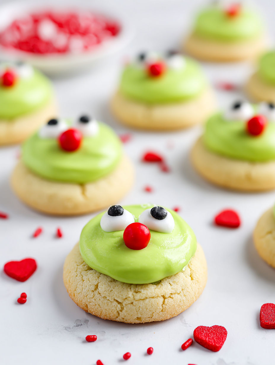 Grinch thumbprint cookies with green frosting and red decorations.