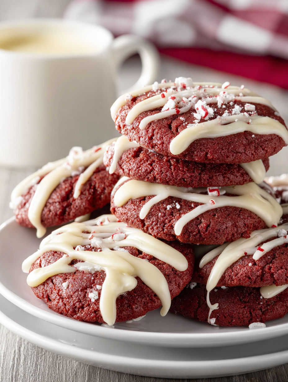 Red velvet cookies with cream cheese glaze.