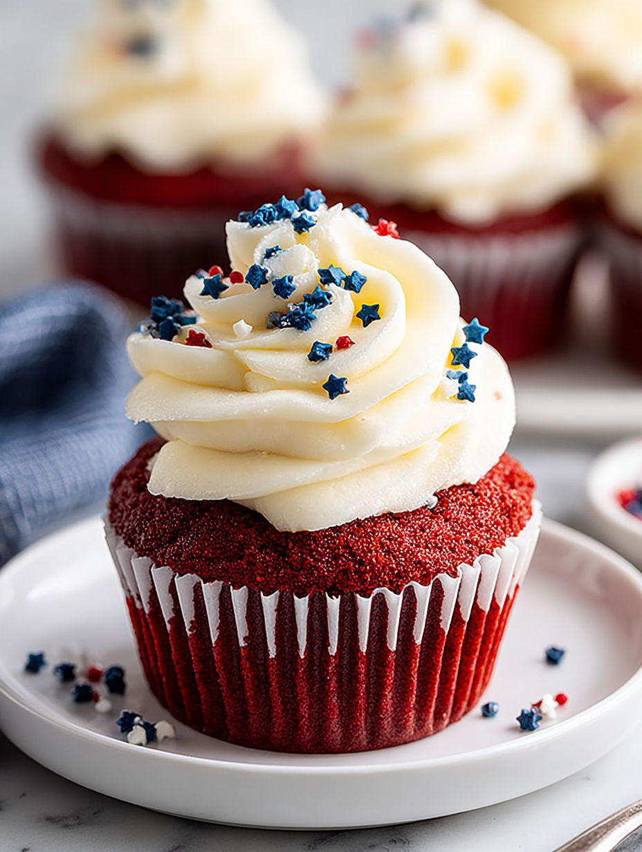 A red velvet cupcake with white frosting and stars.