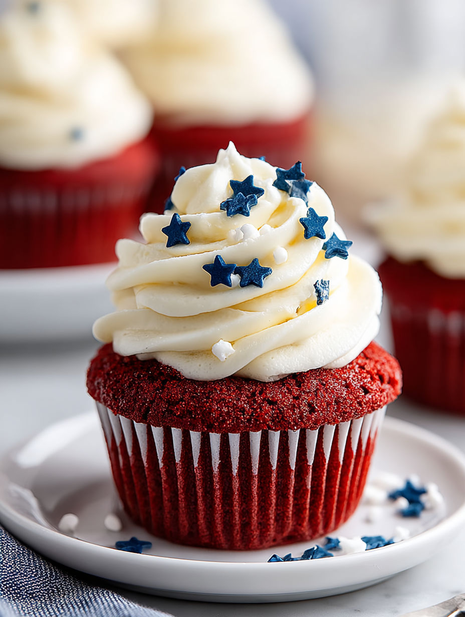A red velvet cupcake with white frosting and stars.