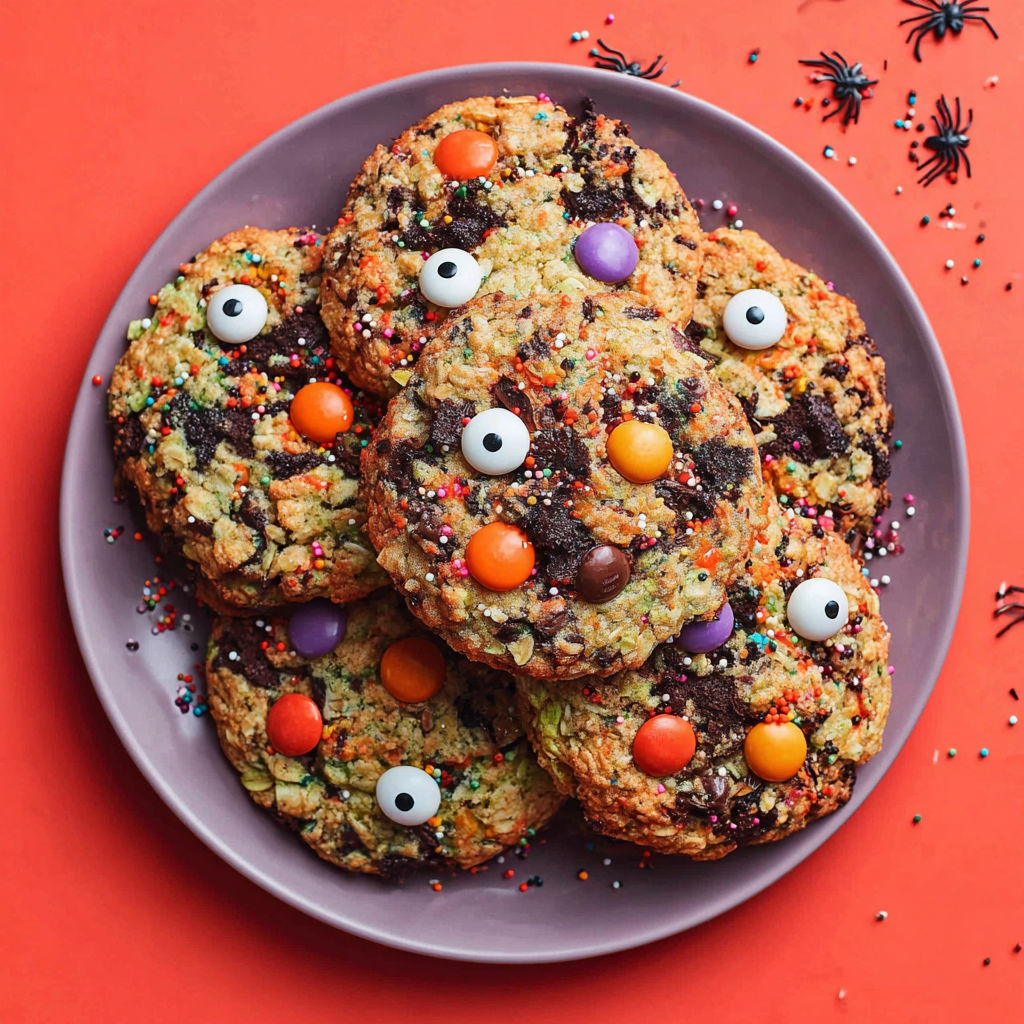 A plate of Halloween cookies with chocolate chips and candy eyes.