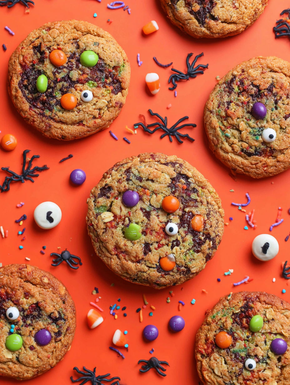 Halloween chocolate chip cookies with candy decorations.