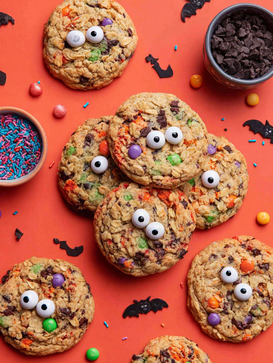 Halloween chocolate chip cookies with candy eyes.