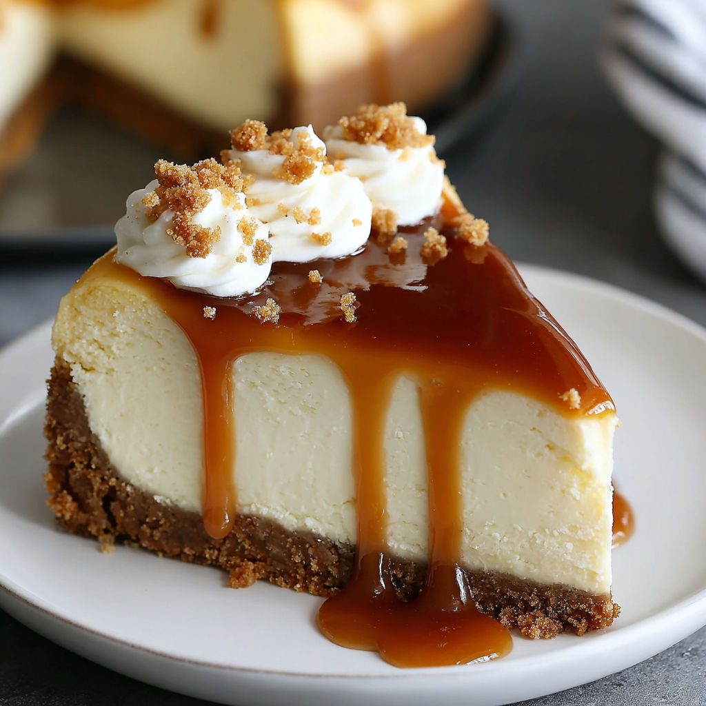 A slice of caramel cheesecake on a plate.