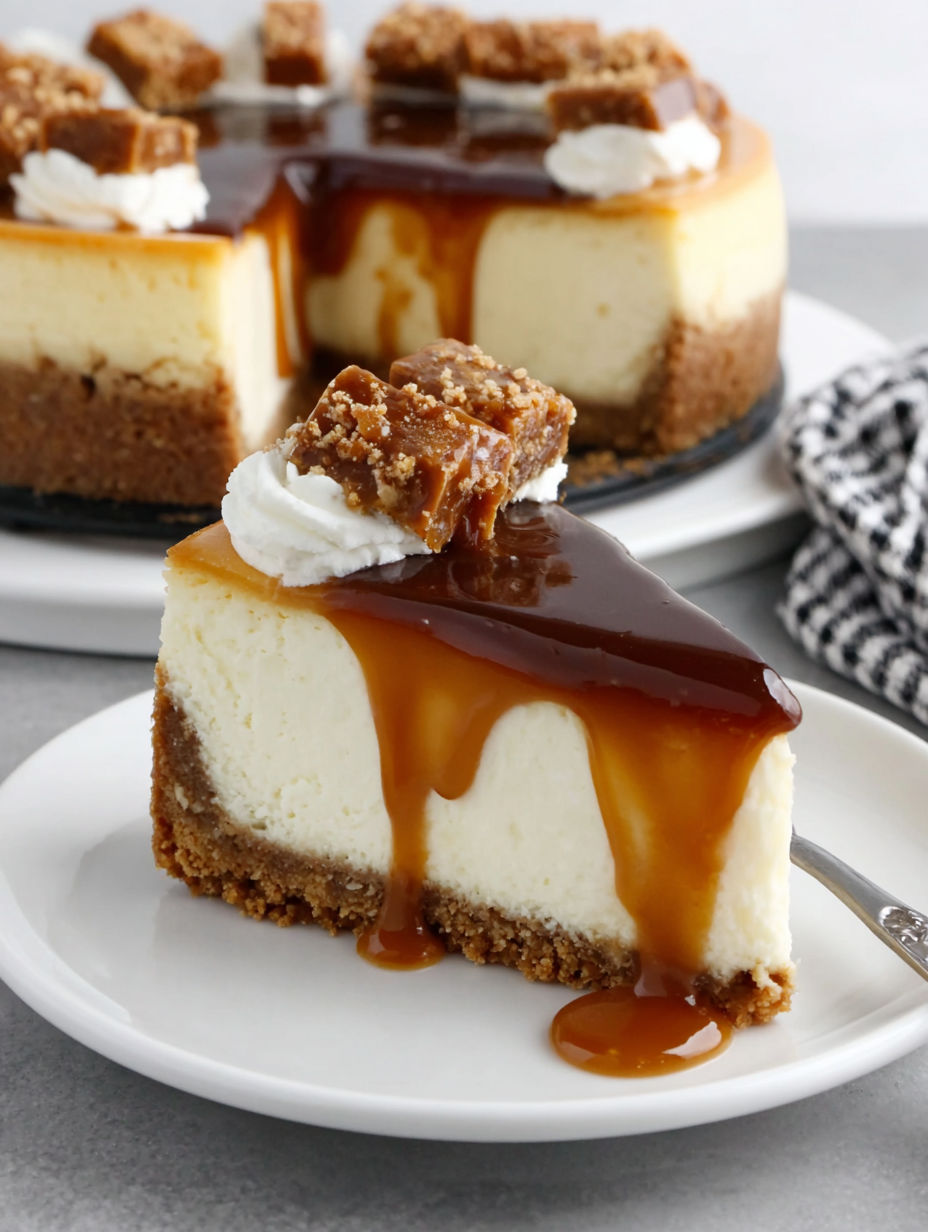 A slice of caramel cheesecake on a plate.