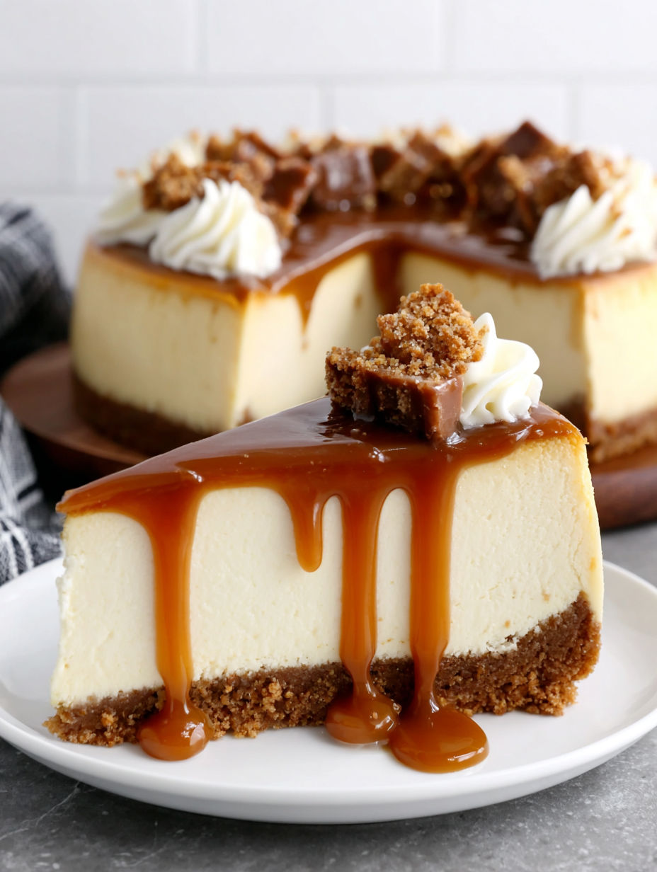 A slice of caramel cheesecake on a plate.