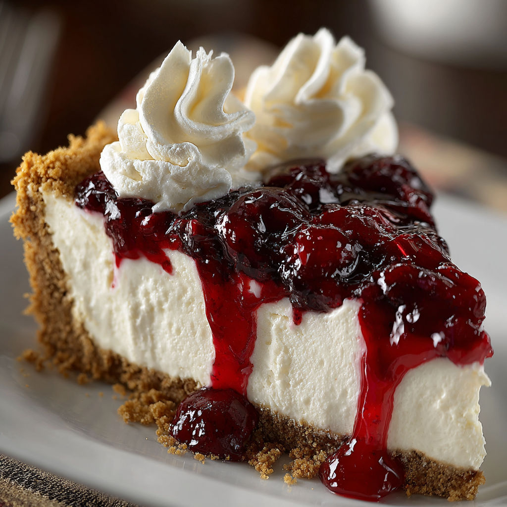 A slice of cherry cheesecake with whipped cream on top.