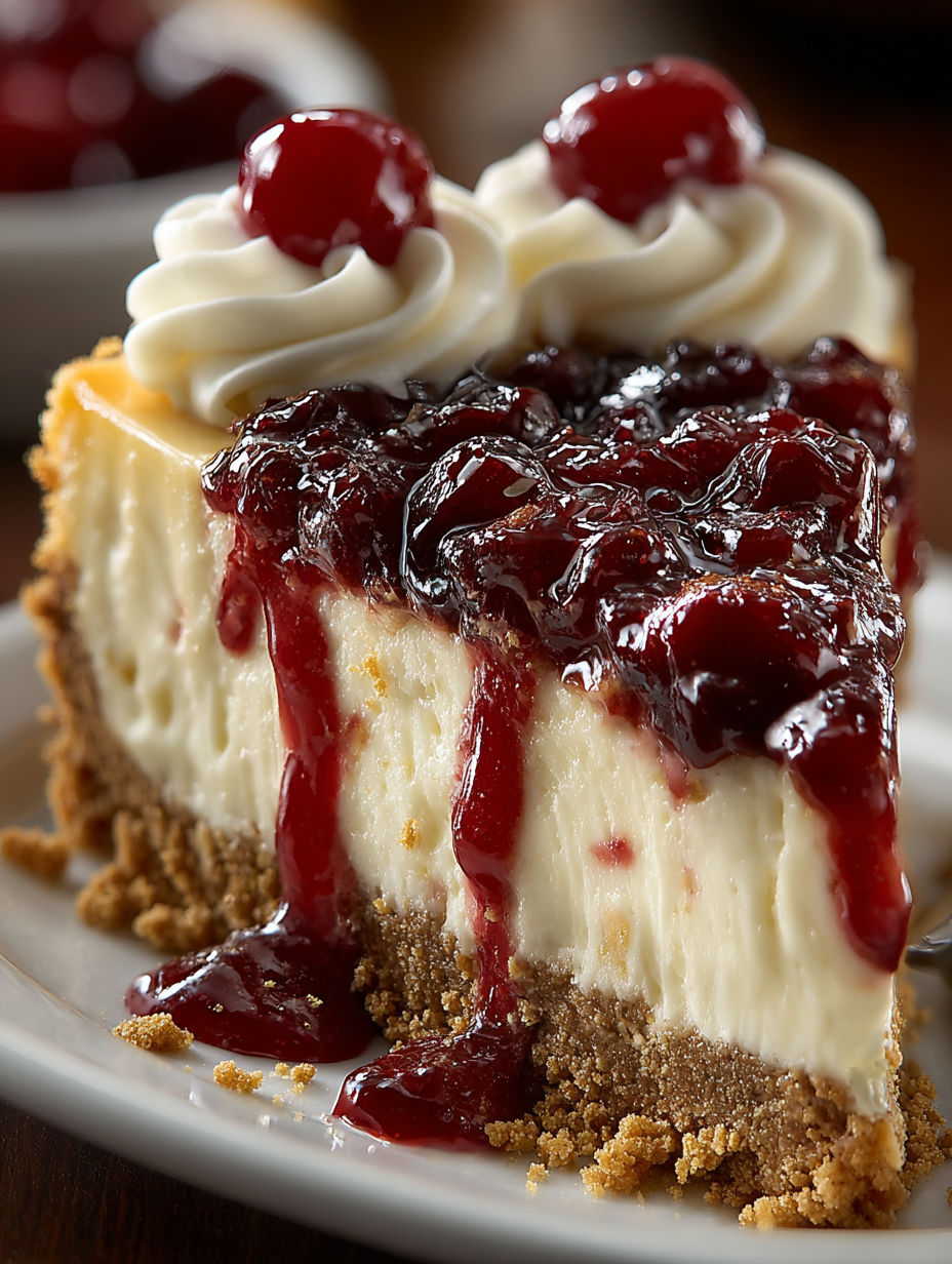 A slice of classic cherry cheesecake.
