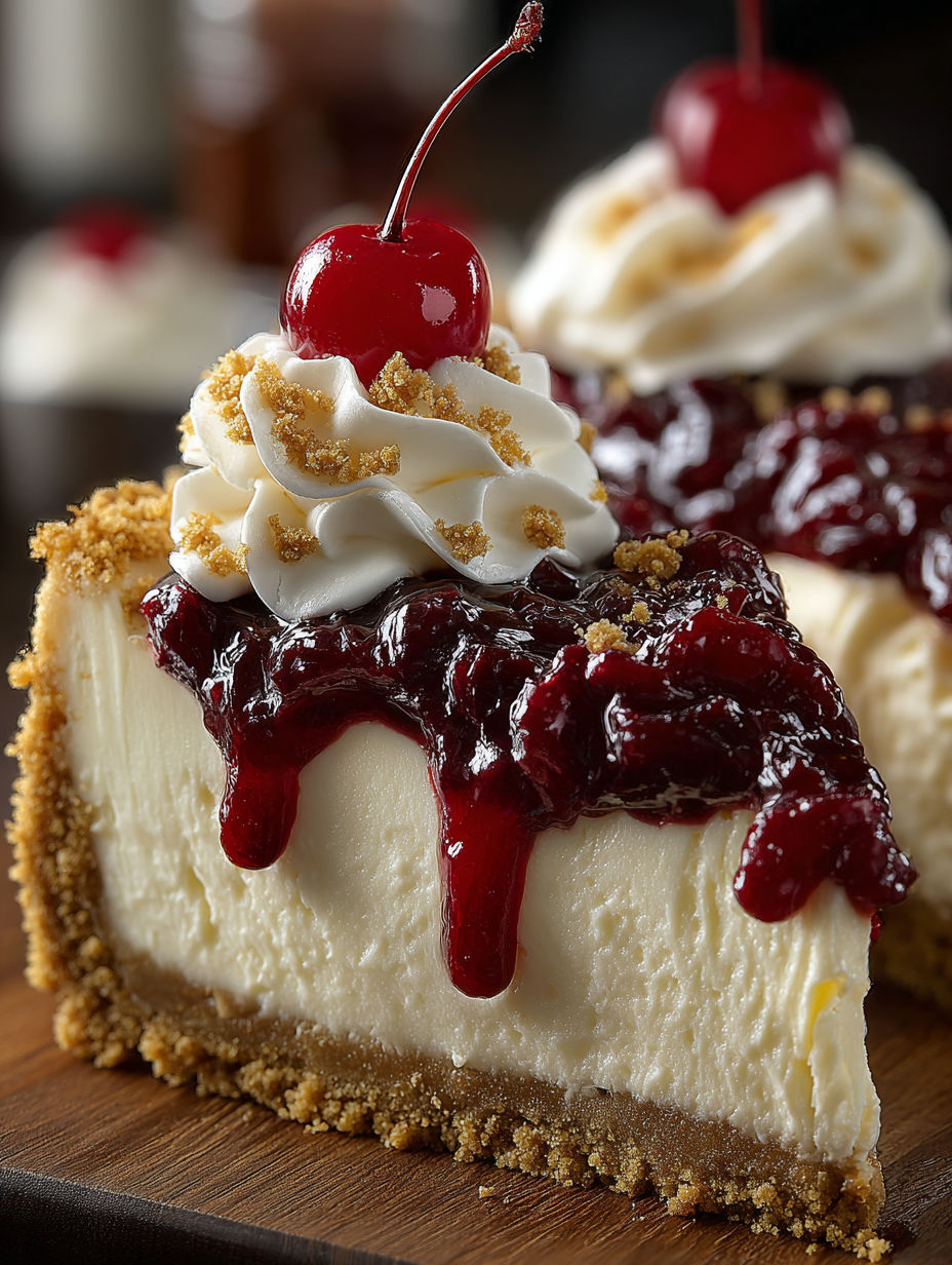 A slice of classic cherry cheesecake with whipped cream.
