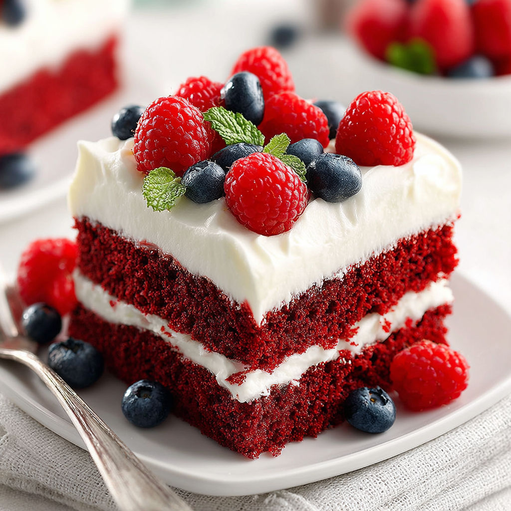 A slice of red velvet cake with raspberries and blueberries.