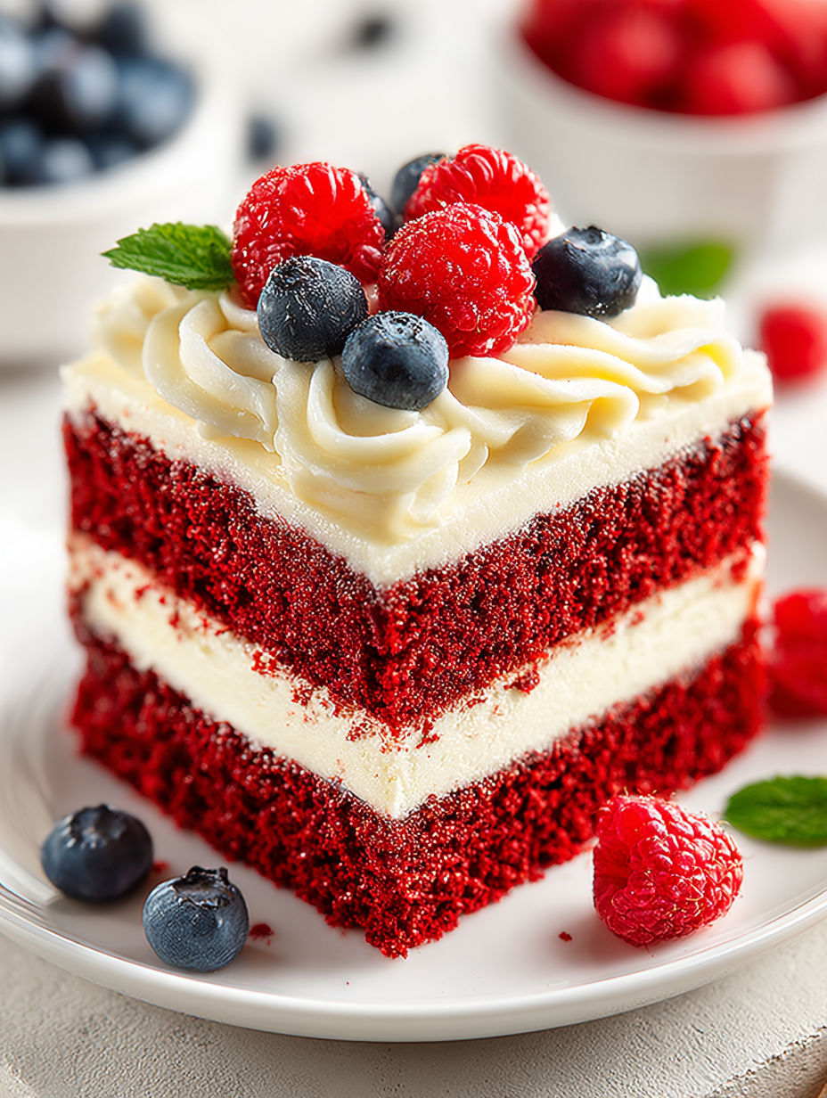 A slice of red velvet cake with raspberries on top.