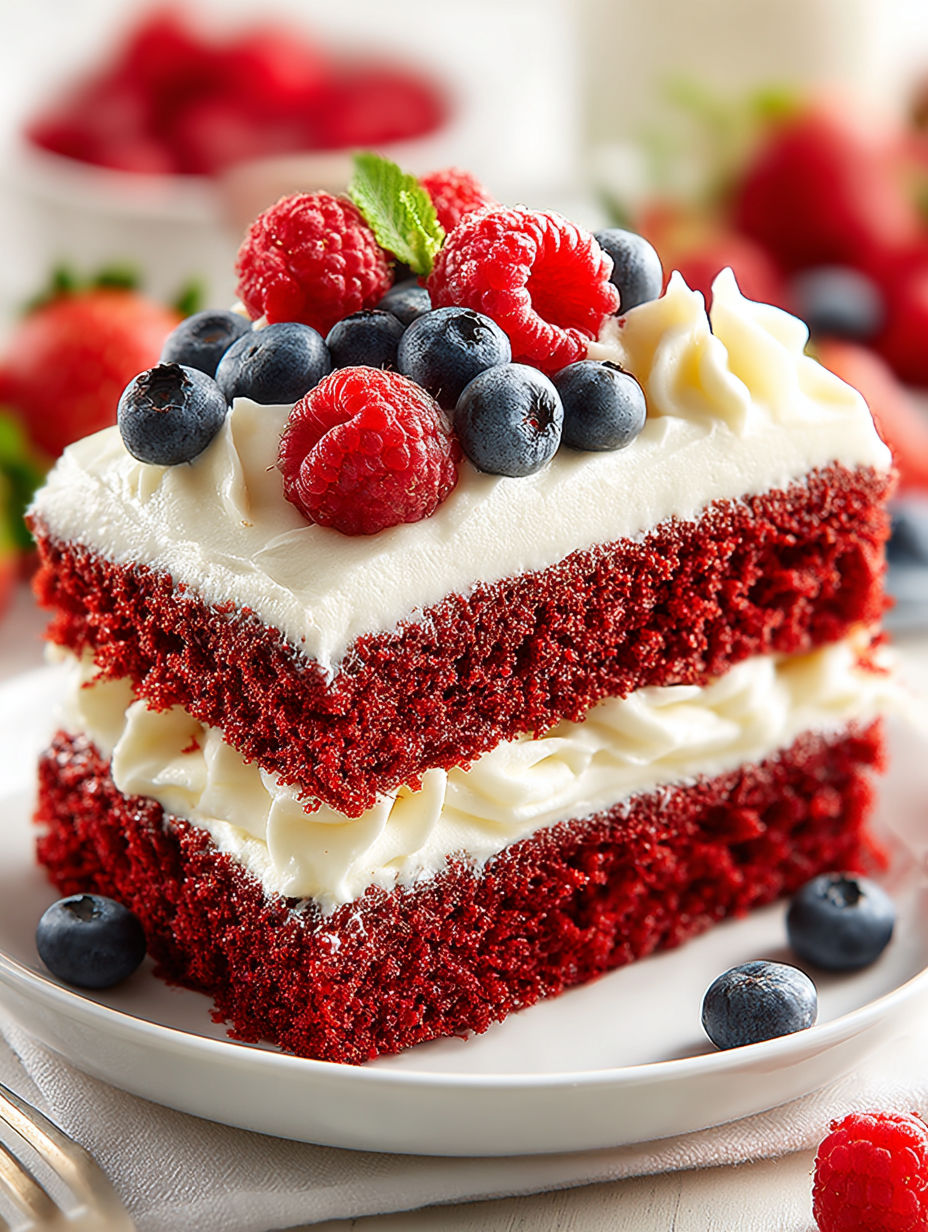 A slice of red velvet cake with white frosting and blueberries.