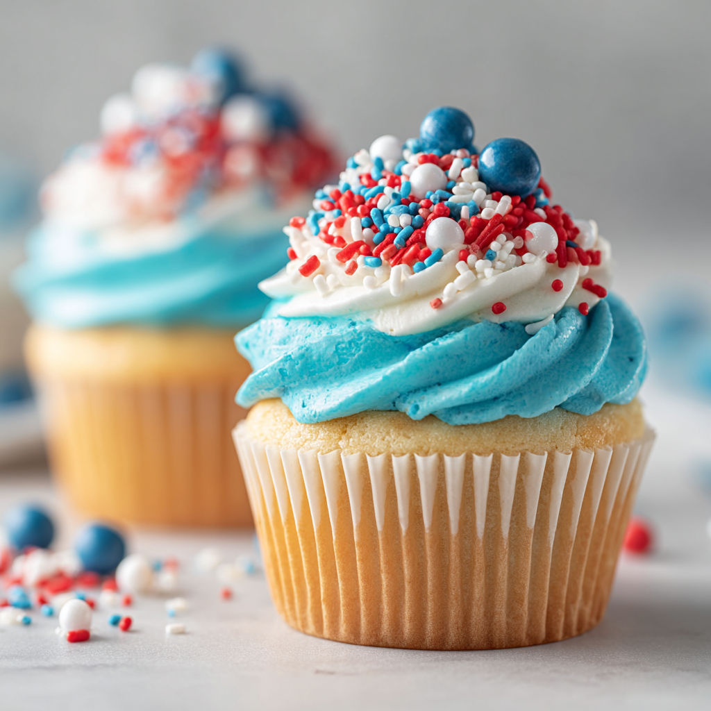 A cupcake with blue, white and red frosting.