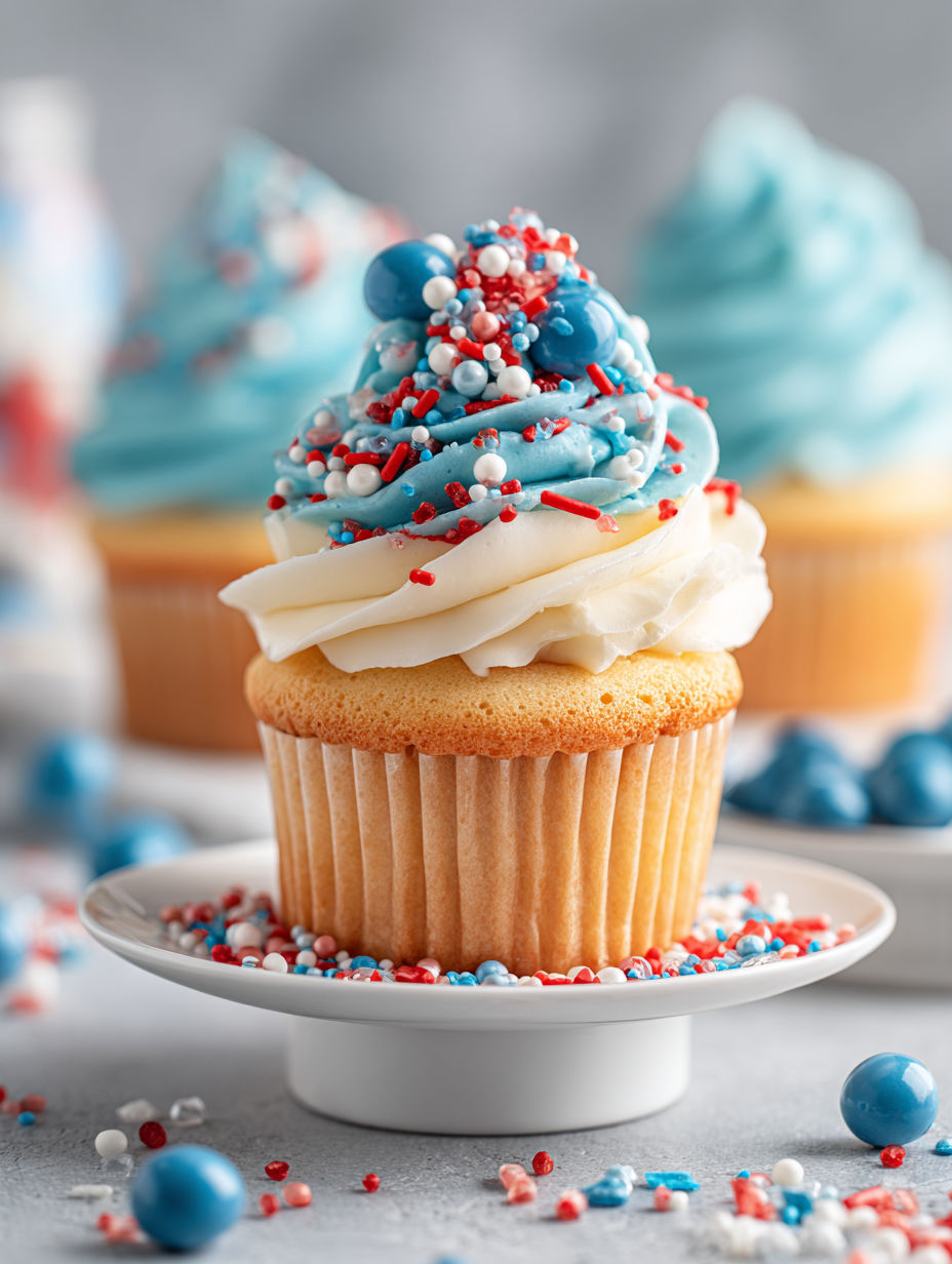 A cupcake with red, white and blue frosting.