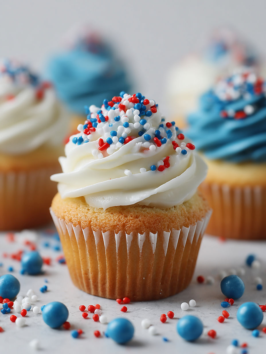 A cupcake with white frosting and red, white and blue sprinkles.