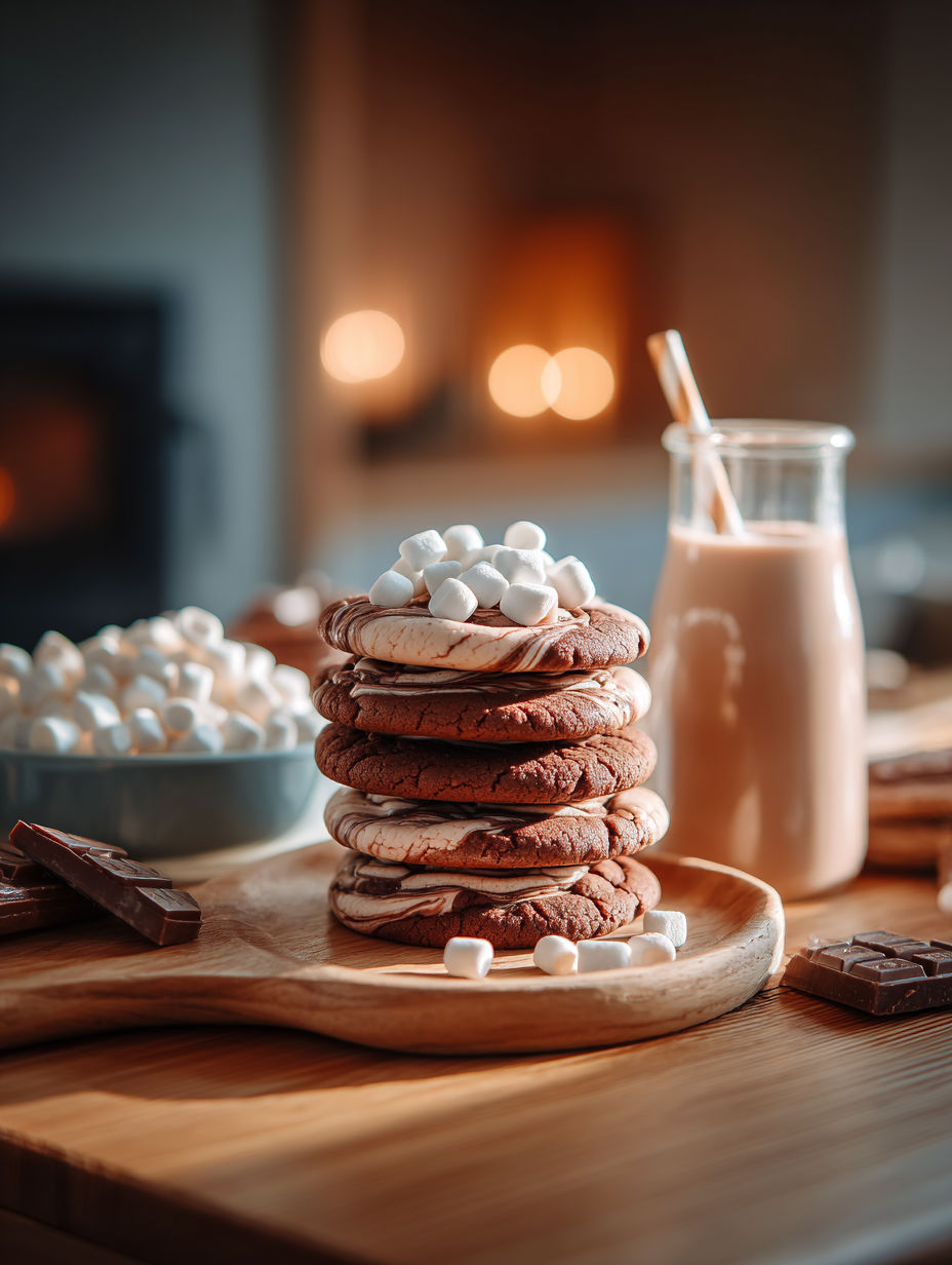 A stack of chocolate marshmallow swirl cookies.