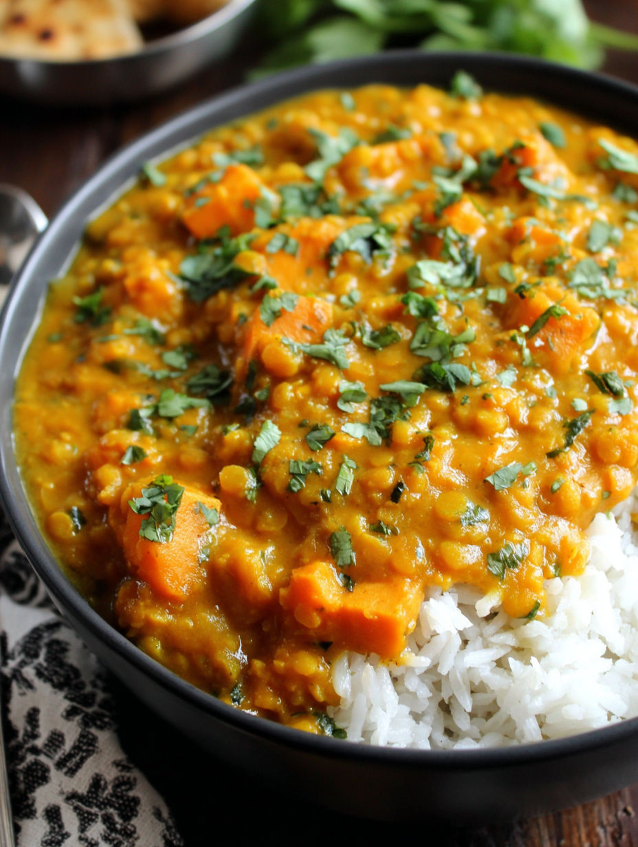 A bowl of red lentil curry with sweet potatoes.