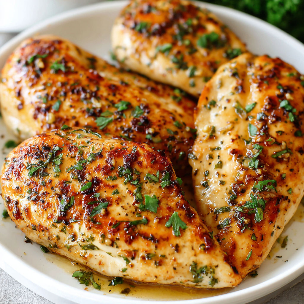 A plate of garlic chicken breasts.