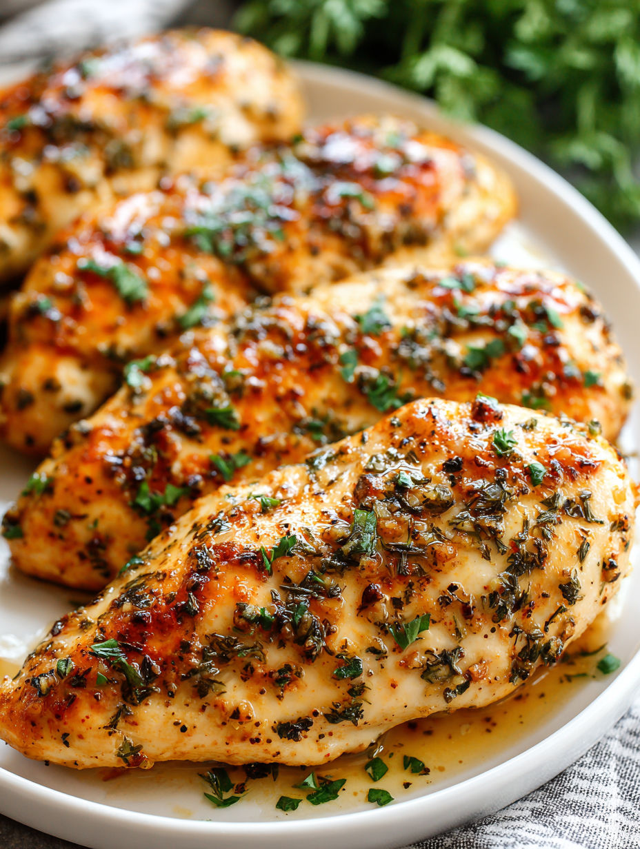 Garlic chicken breasts on a plate.