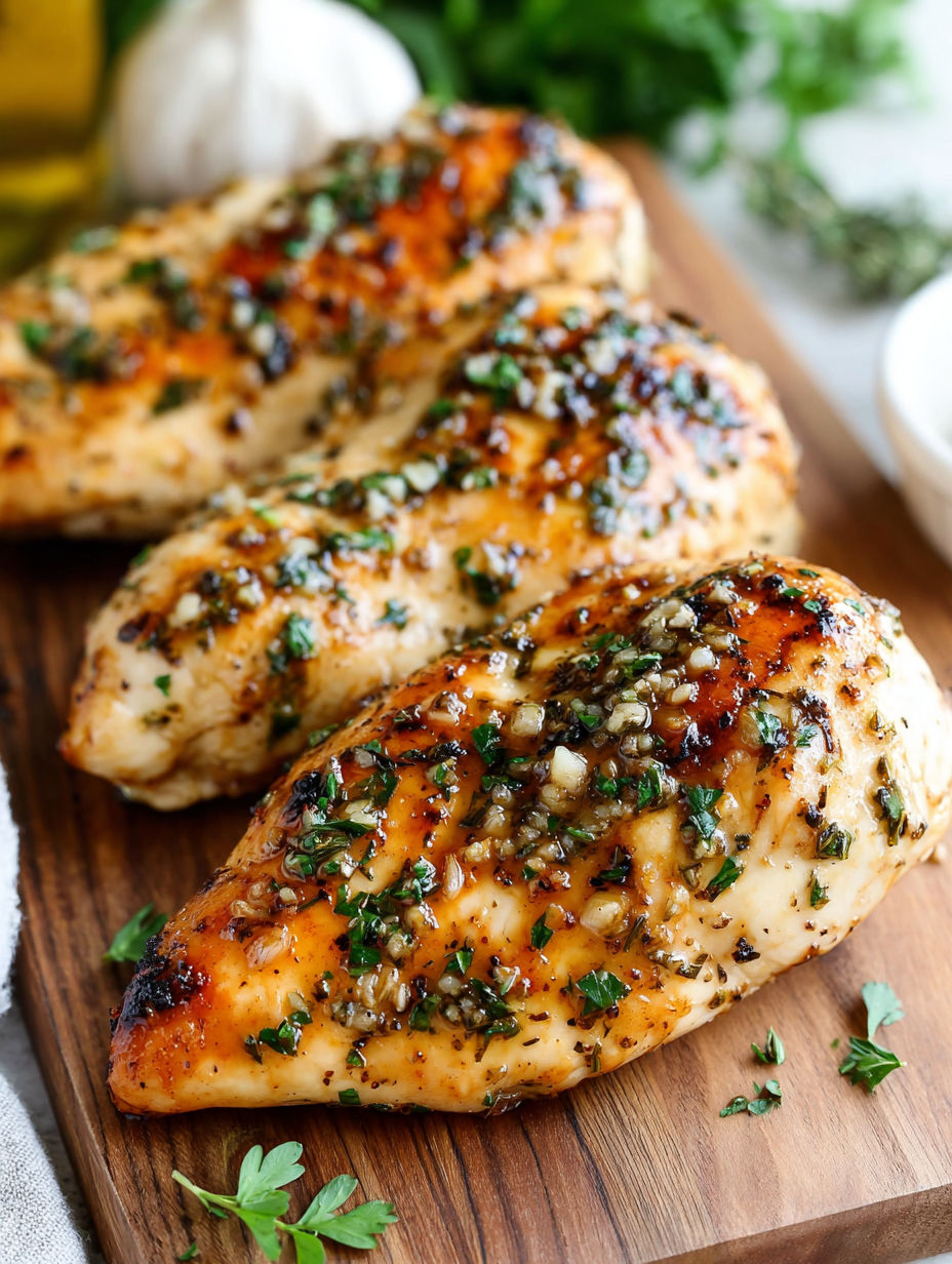 Two pieces of chicken with herbs and spices on a wooden cutting board.