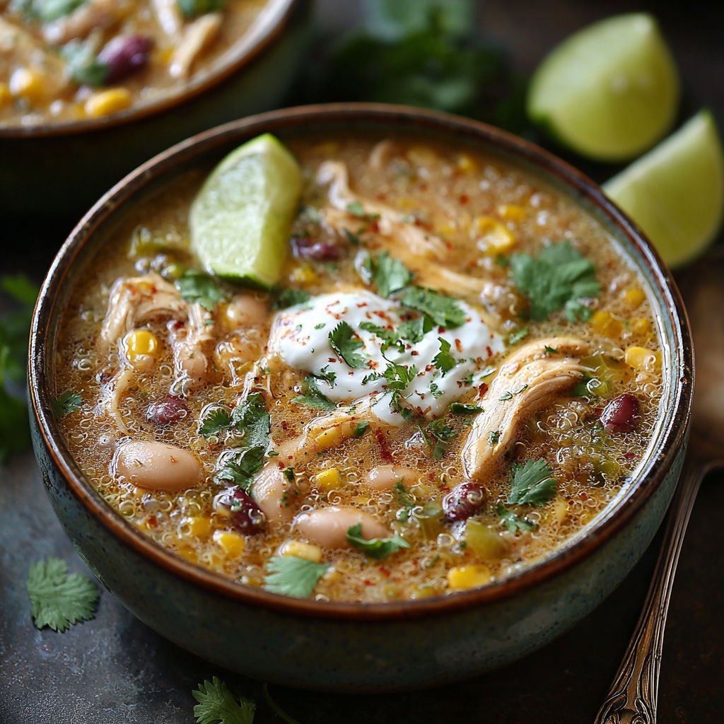 A bowl of chicken and quinoa chili.