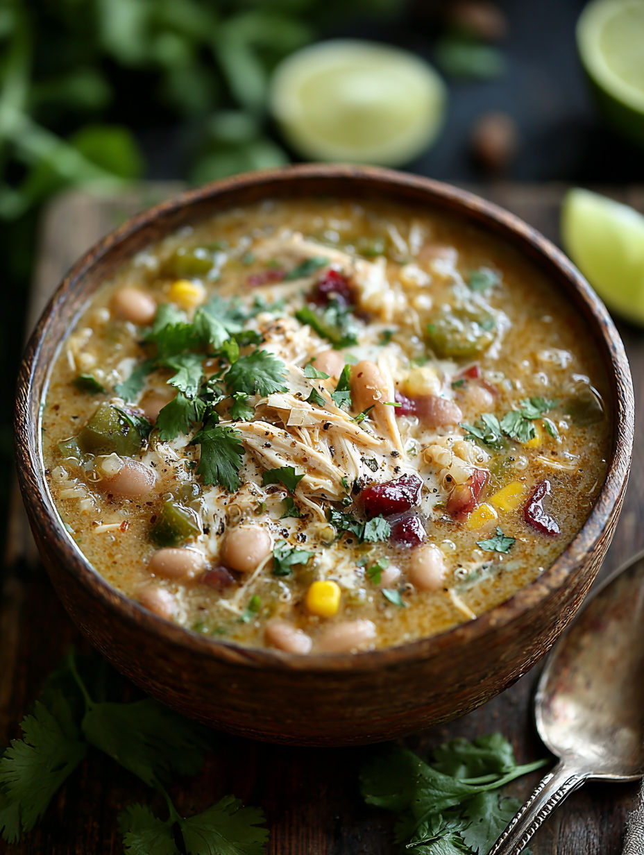 A bowl of soup with chicken, beans, and quinoa.