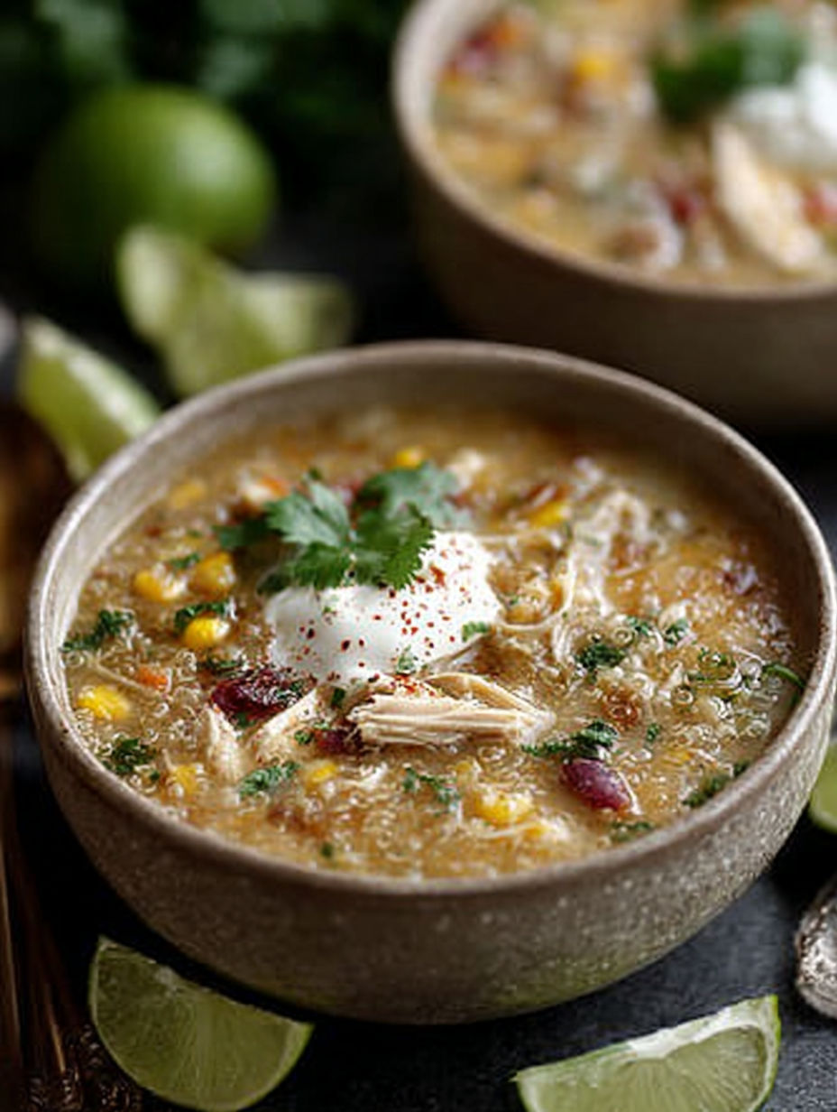 A bowl of chicken and quinoa chili.