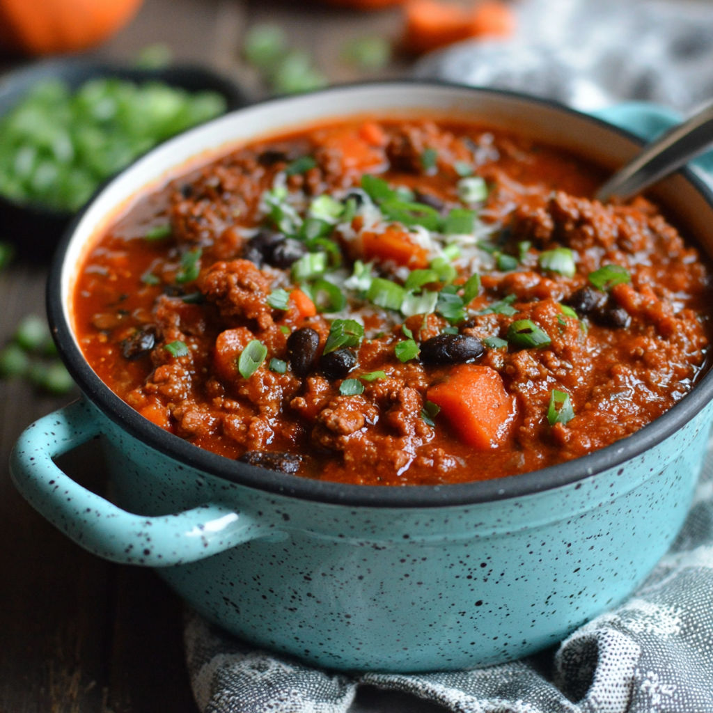 A bowl of chili with pumpkin puree.