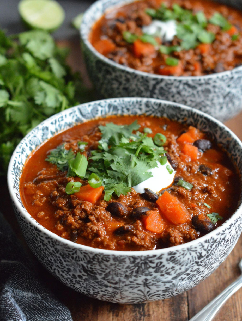 A bowl of chili with pumpkin puree on top.