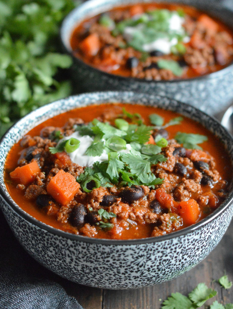 A bowl of chili with pumpkin puree on top.