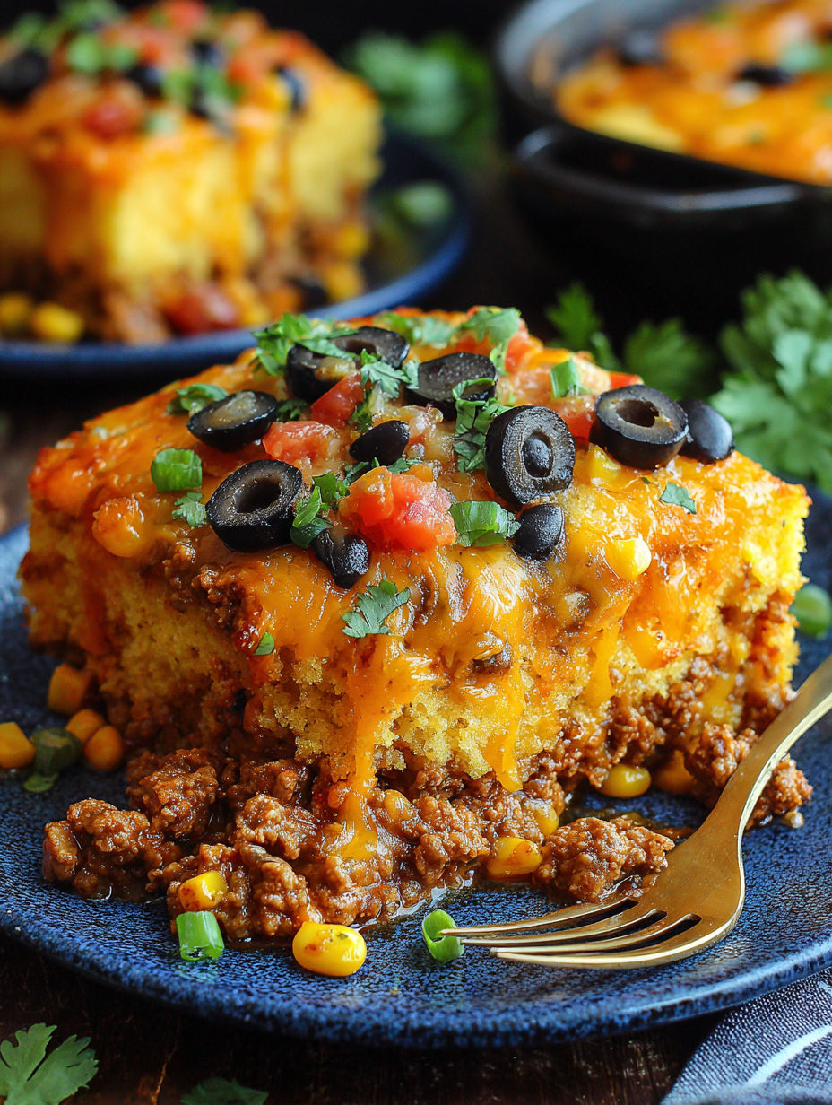 A plate of Mexican cornbread casserole with black olives and tomatoes.