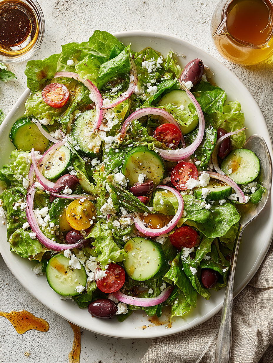 A green salad with tomatoes, cucumbers, and olives.