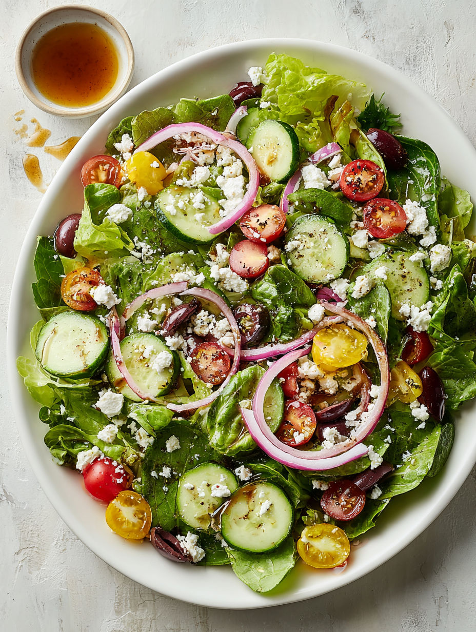 A green salad with tomatoes, cucumbers, and onions.