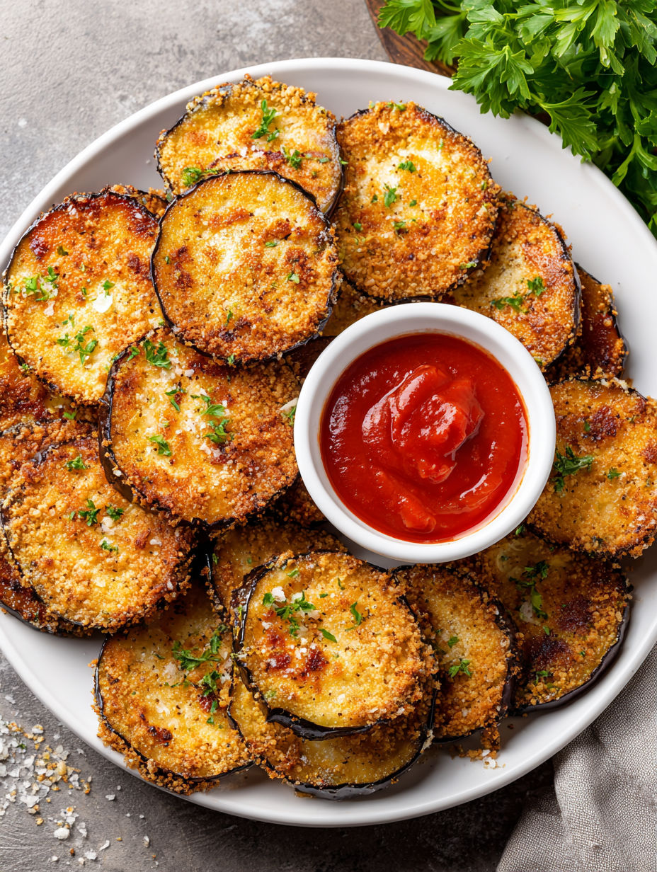 A plate of air fryer eggplant with a bowl of ketchup.