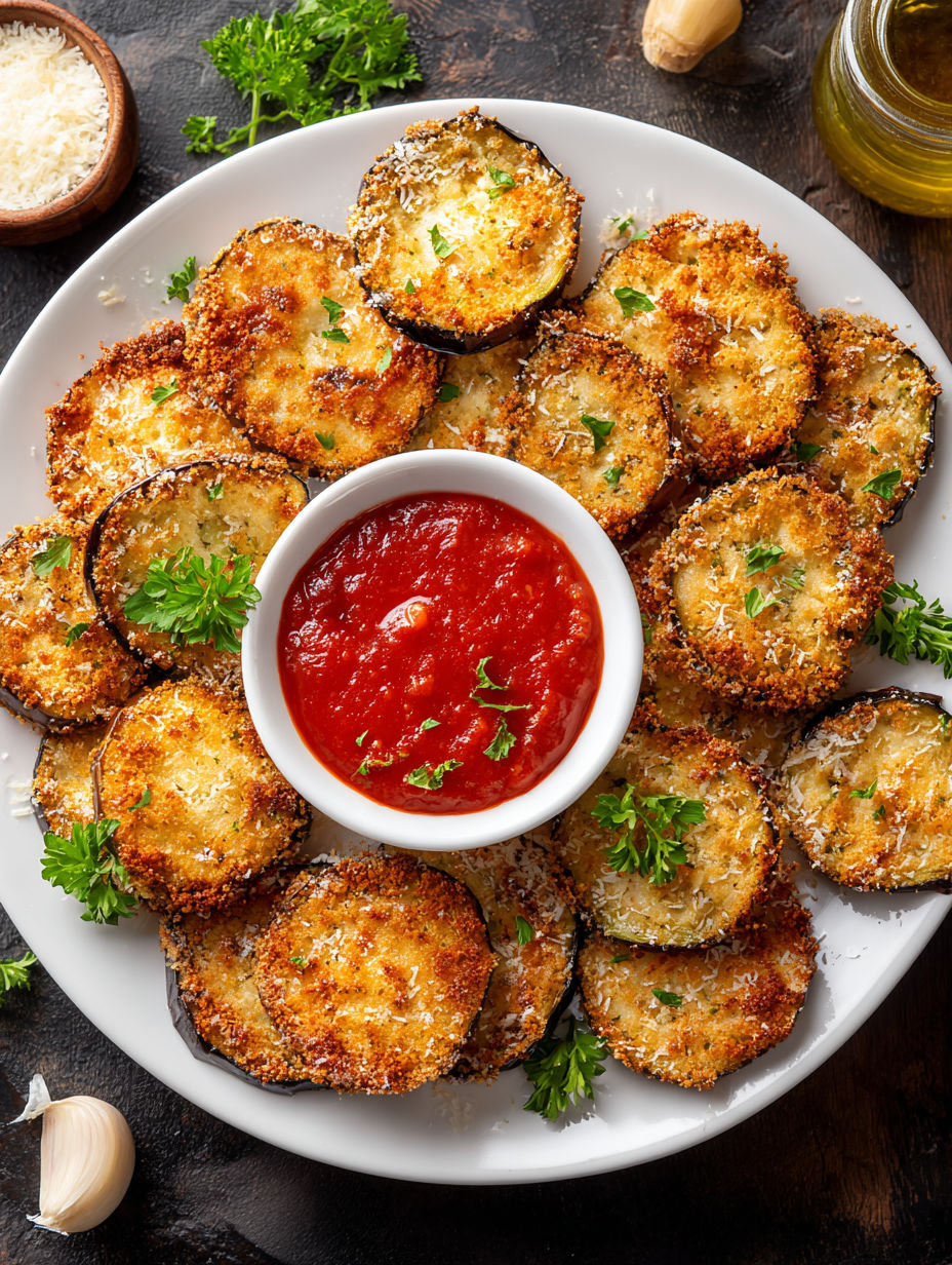 A plate of air fryer eggplant with marinara sauce.