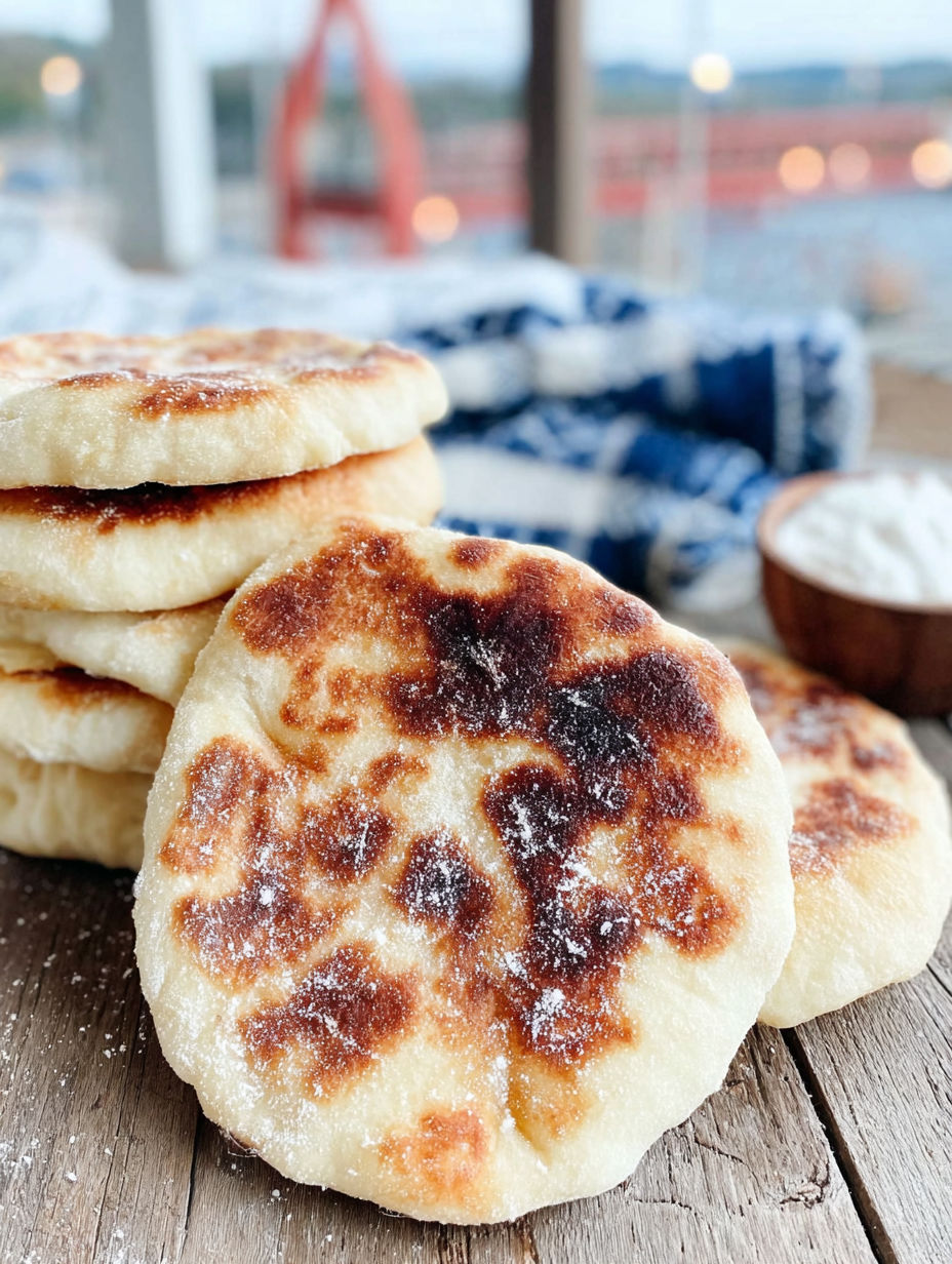 A stack of baked bread with a white powder on top.