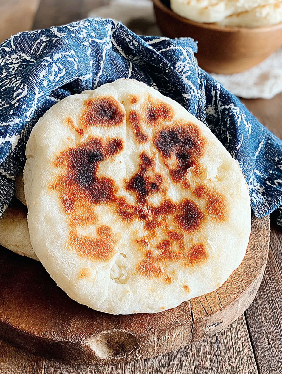 A burnt bread with a blue cloth on it.