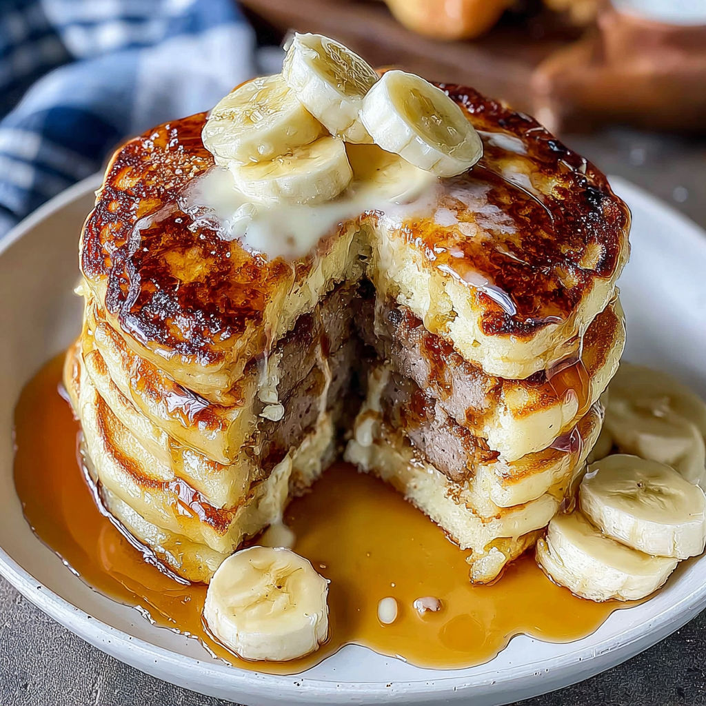 A stack of pancakes with bananas on top.