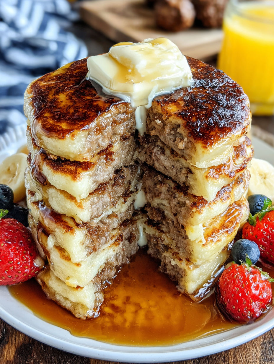 Sausage dipped pancakes stacked on a plate.