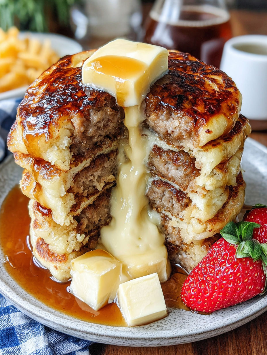 A stack of pancakes with sausage and butter on top.